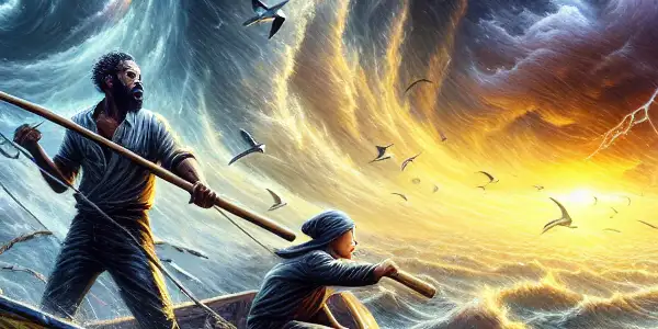 A small fishing boat struggles against towering waves and fierce winds during a powerful typhoon, showcasing fishermen's determination.