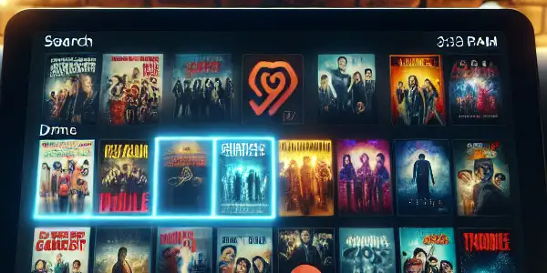 A cozy home setting featuring a digital device displaying vibrant movie and TV show thumbnails for streaming.