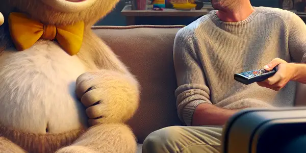 A cheerful teddy bear and his laid-back friend share laughs on a cozy couch in a playful living room.