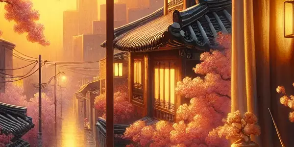 A cozy living room with a vintage TV showing a Min Do-yoon film, overlooking a serene Korean neighborhood at dusk.