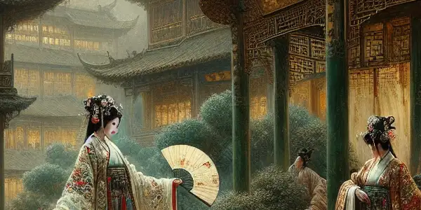 A graceful woman in an elegant silk dress holds a fan in a lush, ornate Chinese courtyard.