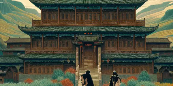 Dramatic landscape of Bai Lu Village with contrasting families symbolizing conflict and tradition against a serene backdrop.