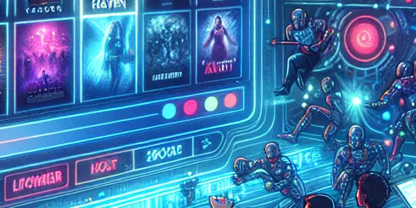 A lively scene of diverse film enthusiasts engaging with a futuristic movie streaming platform in a cozy home setting.