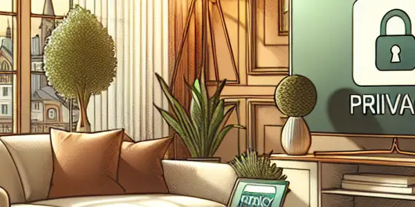 A cozy living room with a sofa, TV, laptop, and decor, promoting a safe environment for online adult content viewing.