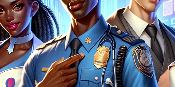 A vibrant urban scene featuring characters in eye-catching uniforms, including a nurse, police officer, and schoolgirl, engaging playfully.