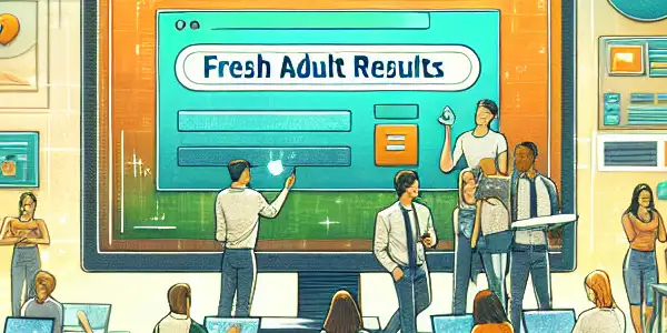 A diverse group of adult learners engaged in a futuristic classroom with digital devices and educational visuals.