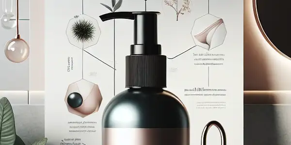 A modern bathroom featuring a delay spray on a marble countertop, complemented by minimalist decor and an infographic.