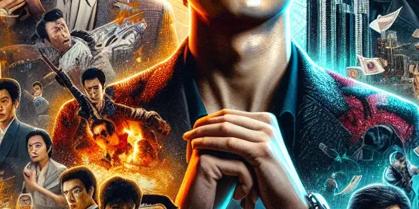 A dynamic collage showcasing Andy Lau's film career evolution with iconic scenes from his action and romantic movies.