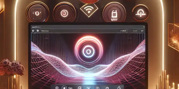 A luxurious, modern room designed for relaxation, featuring a sleek computer setup and ambient lighting for intimacy.