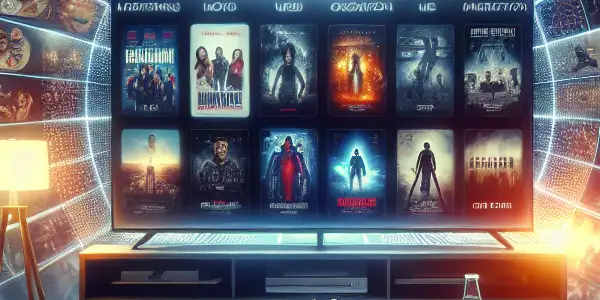 A modern streaming platform interface showcasing diverse movie genres with a cozy home theater atmosphere.