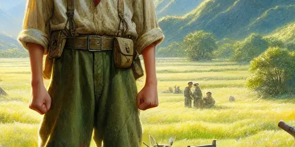A young boy in wartime clothing stands bravely in a lush countryside, embodying heroism and resilience.