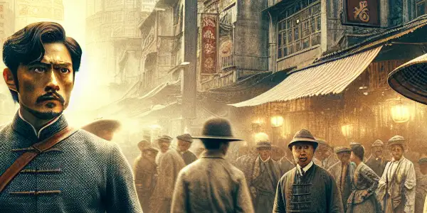 A determined revolutionary protects Sun Yat-sen amidst a chaotic early 20th century Hong Kong street scene.