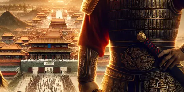 A heroic warrior in traditional armor stands confidently in front of ancient China’s mountains and city skyline, symbolizing patriotism.