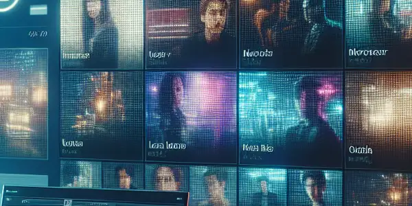 A young adult engages with blurred video thumbnails on a sleek digital interface in a cozy, tech-savvy room.