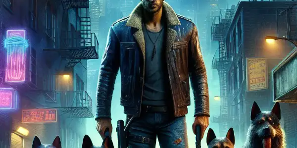 A rugged man stands confidently in a shadowy alley, surrounded by a protective pack of fierce dogs.