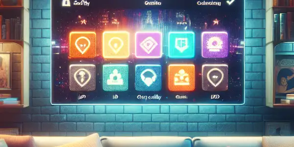 A cozy home movie night scene with a sofa, large screen, and modern gadgets showcasing legal movie downloading.