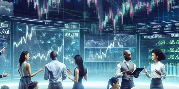 A diverse group of investors analyzing stock data on digital screens in a lively market discussion about Wanda Film.