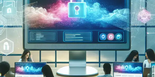 A modern digital workspace showcasing safe browsing with diverse users, a premium platform interface, and security symbols.