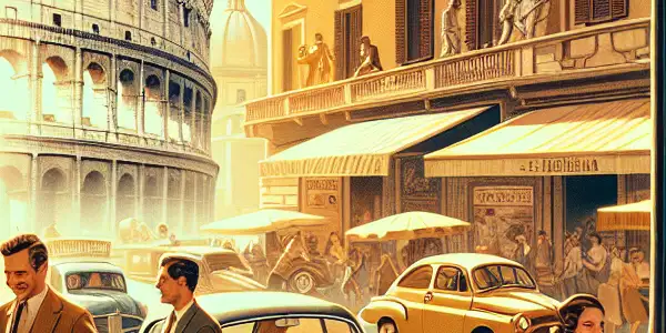 A vibrant 1950s Rome street scene blending classic Italian cinema with modern relationships, featuring iconic landmarks and stylish characters.