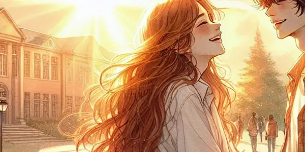 Two young characters share a tender moment on a picturesque school campus during sunset, surrounded by nature and student life.