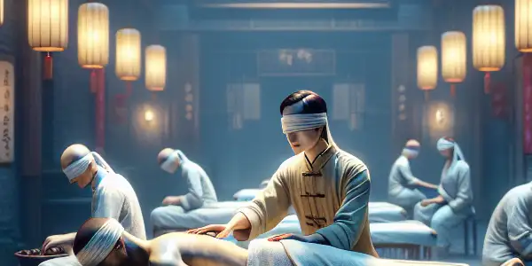 A dimly lit massage center in Nanjing with blind therapists showcasing determination, kindness, and strong bonds while working.