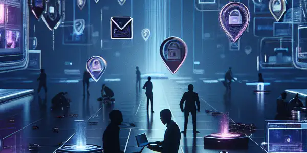 A futuristic high-tech environment showcasing users sharing video content through digital devices and magnet links.