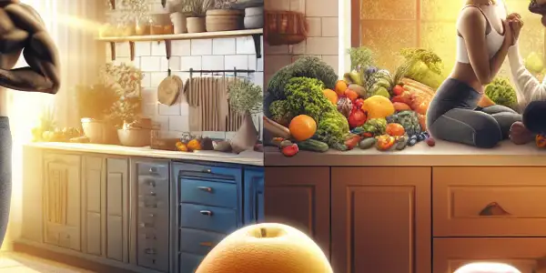 Bright kitchen with fresh fruits, a person practicing yoga, and two people sharing an intimate conversation.<a href=