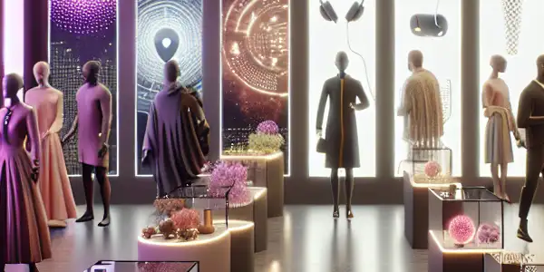 A modern boutique showcasing innovative adult products, featuring diverse individuals exploring high-end toys and interactive displays.