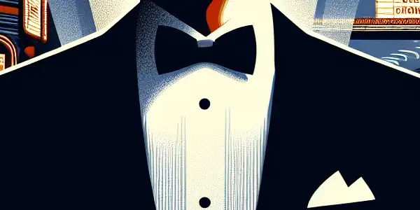 A charismatic secret agent in a tuxedo stands against iconic Bond elements, including an Aston Martin and a lurking villain.