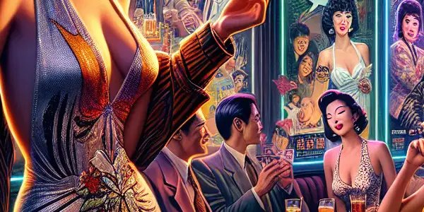 A vibrant movie theater scene featuring Yeung Yat-Mui, celebrating 1980s-1990s Hong Kong cinema with neon lights and retro film posters.