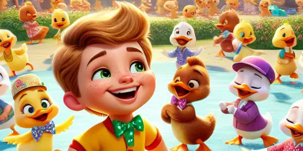 A cheerful young adult dances in a sunny park with animated ducks wearing colorful accessories, surrounded by nature.