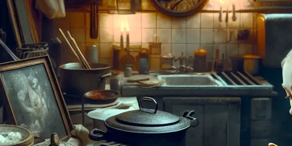 A dimly lit kitchen where a mysterious woman prepares dumplings, hinting at dark secrets and psychological horror.