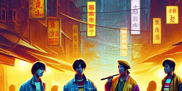 A tense 1980s Taipei street scene with five teenagers caught in camaraderie and betrayal amidst gang conflicts.