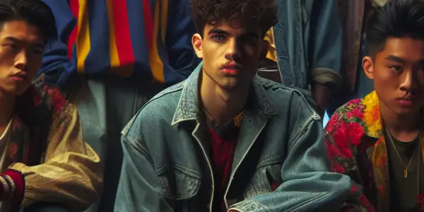 A vibrant Taipei street scene featuring five young men in 1980s fashion, embodying friendship and tension amidst urban chaos.