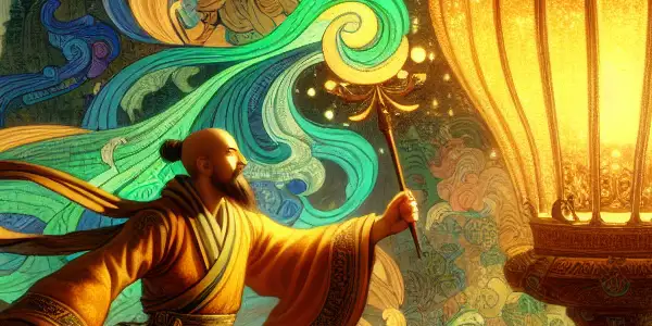 A playful monk interacts with a glowing lamp in a vibrant, ancient Chinese landscape filled with lush greenery and misty mountains.