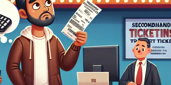 A frustrated individual at a cinema box office, holding a ticket and smartphone, amid excited moviegoers and a "No Refunds" sign.