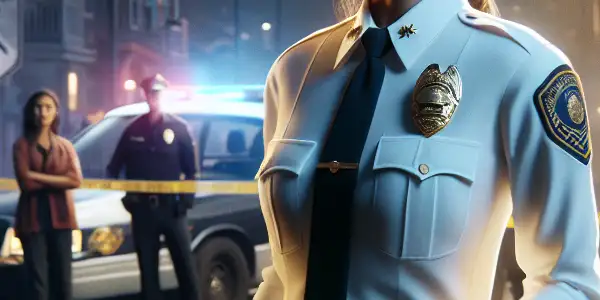 A determined Chinese police officer stands at a crime scene, symbolizing heroism and dedication in her community.