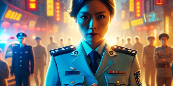 A determined female police chief stands in a bustling city at dusk, surrounded by criminals and supportive community members.