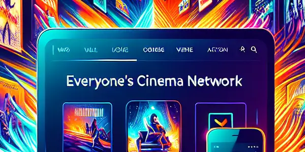 A modern digital cinema experience featuring a user-friendly streaming platform, movie posters, and cozy home theater elements.