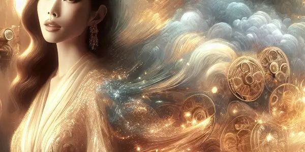 An elegant AV star poses in a luxurious film studio, surrounded by vintage cameras and dreamy, ethereal elements.