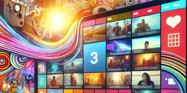 A modern digital platform displaying diverse adult video thumbnails in a cozy, stylish room with warm lighting.