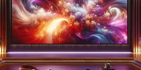 A luxurious home theater with abstract visuals, plush seating, and warm lighting, hinting at adult entertainment.