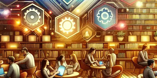 A cozy online community hub for adults, featuring diverse users discussing various digital content in a warm atmosphere.