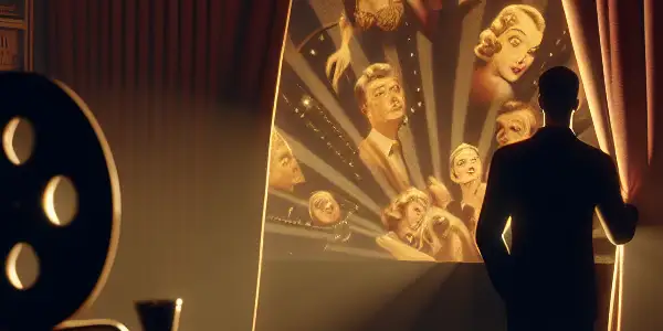 A shadowy figure peers through curtains in a dimly lit room filled with vintage film posters and a flickering projector.