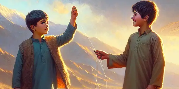 A young Afghan boy and his friend fly kites in a sunlit field, surrounded by mountains, symbolizing friendship and longing.