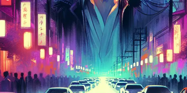 A dramatic nighttime street race featuring a charismatic young man amidst neon-lit urban landscapes and hints of romance.