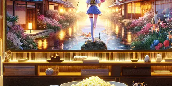 Cozy modern living room with a high-definition screen, vibrant anime visuals, popcorn, and soft lighting for an immersive viewing experience.