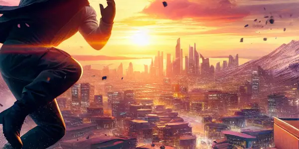 Jackie Chan's character leaps off a rooftop in an African cityscape at sunset during a thrilling chase.