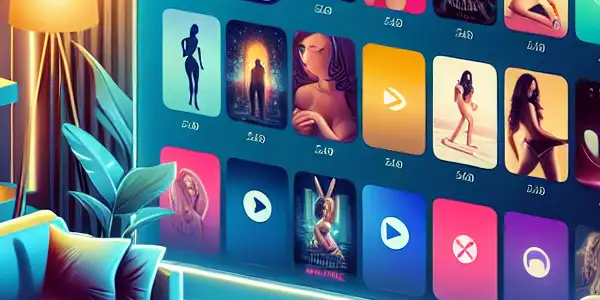 A cozy room featuring a high-definition screen displaying enticing thumbnails for adult content on a modern streaming service.
