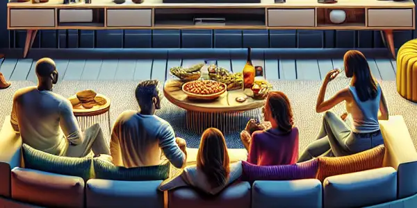 A diverse group of young adults enjoying a cozy movie night in a stylish living room.